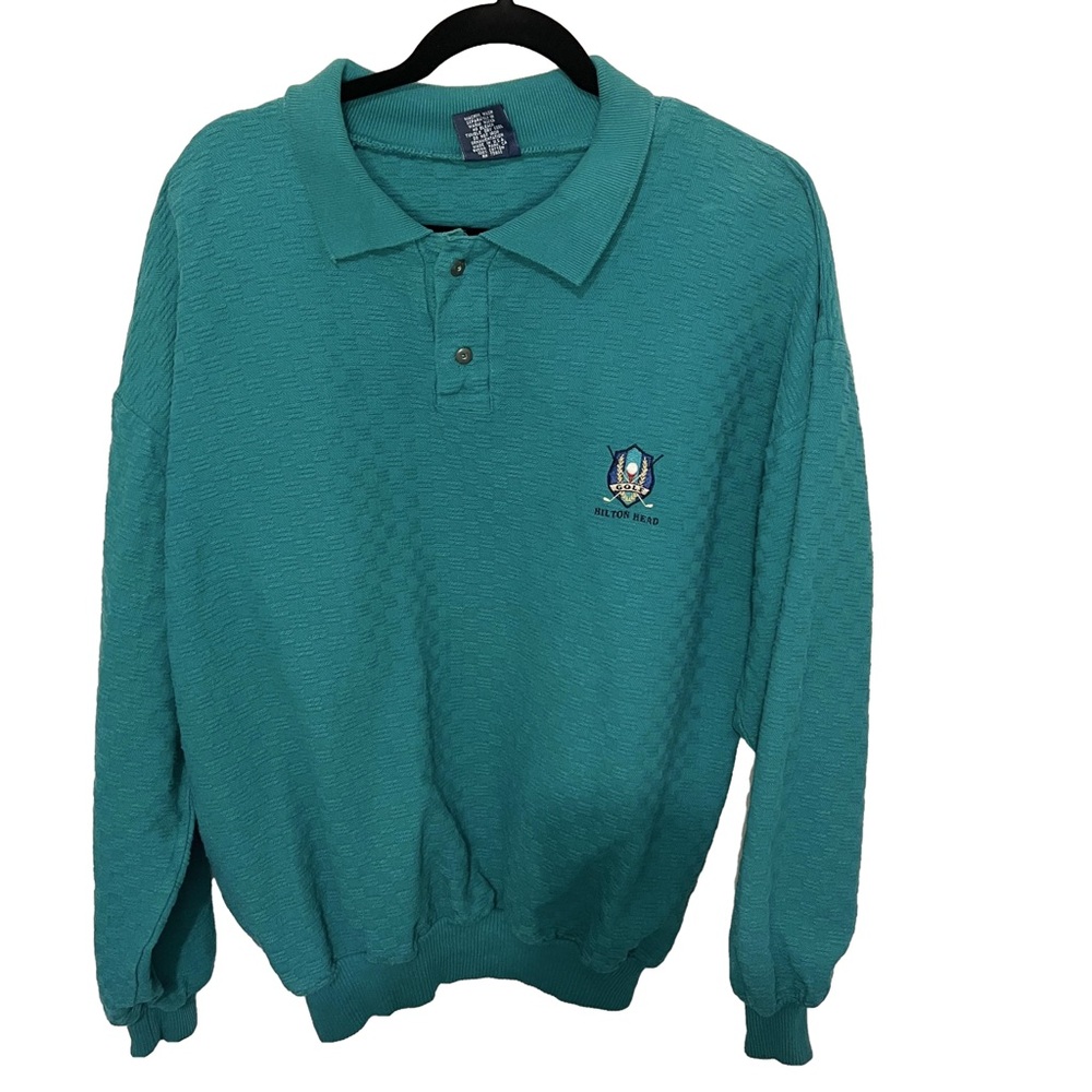 vintage Wek The World Men Sweater Collar Golf Hilton Head Texture Green Grandpa
